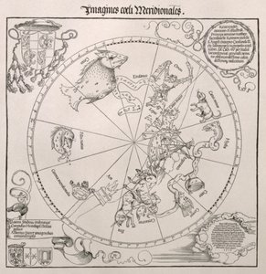 Carte du ciel austral, avec représentations des constellations, décorée de la crête du cardinal Lang von Wellenburg, et une dédicace à lui avec ses armoiries et le droit d